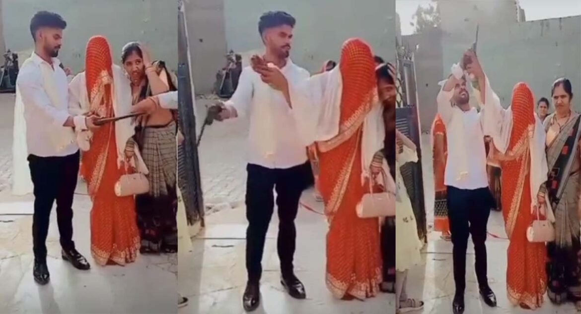 The bride and groom opened fire with a pistol during their home entry in Agra, the video went viral